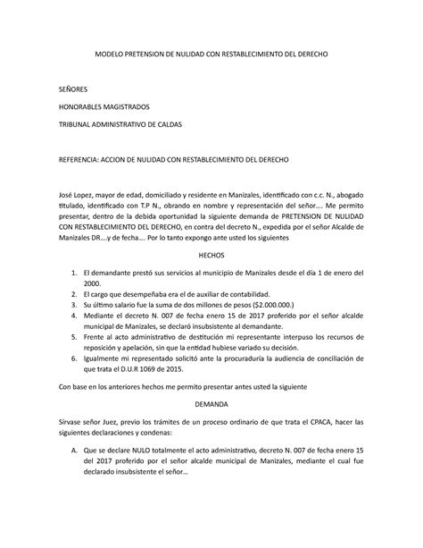 Nulidad CON Restablecimiento DEL Derecho docx versión 1 MODELO