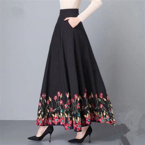 Zingj Cotton Linen National Wind Black Long Skirt Women Fashion Vintage