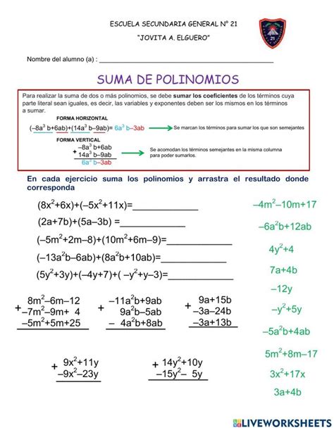 Ficha Online De Suma De Polinomios Para Segundo De Secundaria Puedes