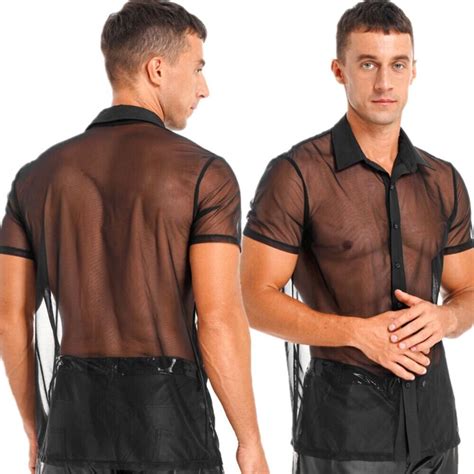 Us Mens Mesh Shirt Sheer See Through Short Sleeve Nightclub Party T Shirts Top Ebay