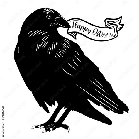 Black Raven Crow With Ribbon Happy Ostara Black And White Vector