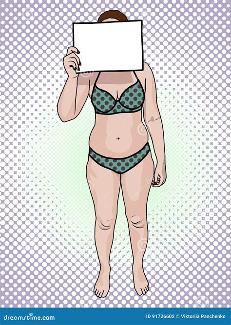 A Fat Woman In A Swimsuit Holds A Sign Pop Art Retro Style Front View