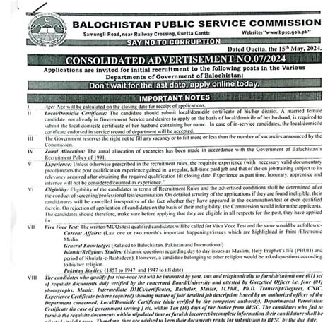 Bpsc Advertisement No 7 2024 Jobs In Balochistan Jobs In Balochistan