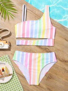 Conjunto de Maiô Bikini Recortes Listrado para Pré Adolescentes