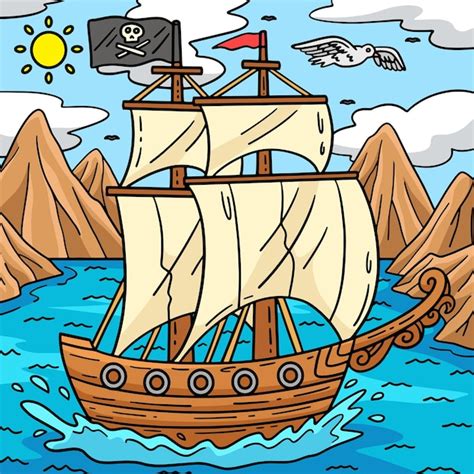 Ilustra O De Desenho Animado Colorido De Navio Pirata Vetor Premium