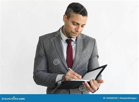 Business Man Taking Notes Isolated On White Background Stock Photo