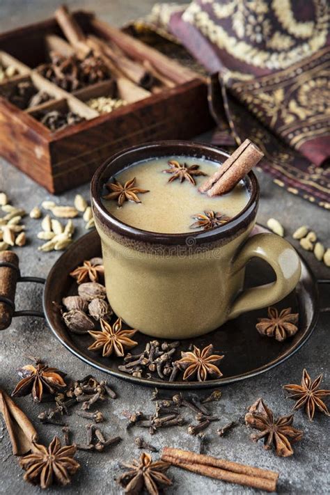 Indian Masala Chai Tea Spiced Tea With Milk And Spices Stock Photo