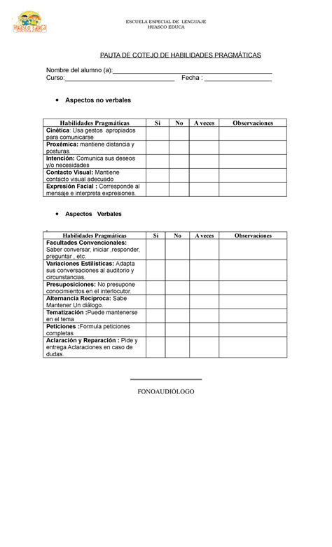 Pauta De Cotejo De Habilidades Pragm Ticas Escuela Especial De