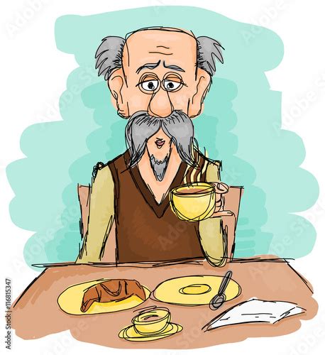 Old Man Drinking Coffee While Sitting Behind A Table Stock Vector Adobe Stock