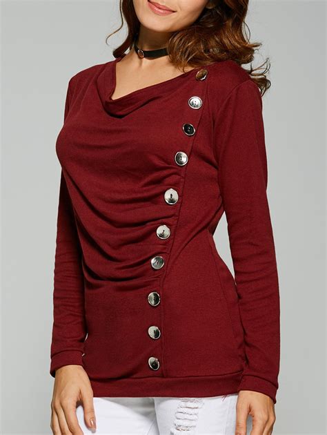 41 OFF 2021 Ruched Button Embellished T Shirt In WINE RED DressLily