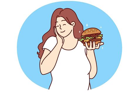 Happy Overweight Woman Holding Burger Excited About Fast Food Smiling