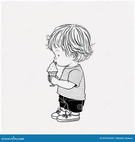 Pencil Sketch Outline Drawing Created by Generative Ai of a Child Eating an Icecream Stock ...