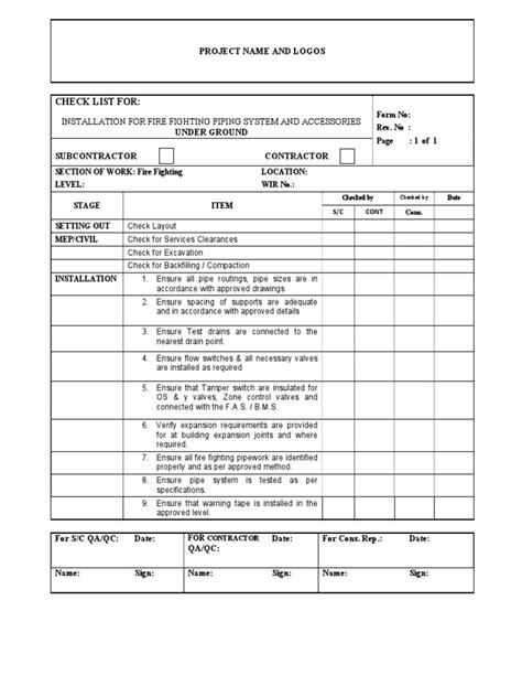 Checklist For Installation For Fire Fighting Piping System And