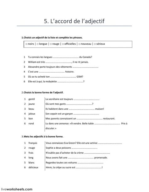 5 Laccord De Ladjectif Worksheet French Worksheets French Adjectives Teaching French