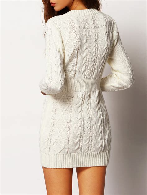 White Crew Neck Cable Knit Bodycon Sweater Dress SheIn Sheinside