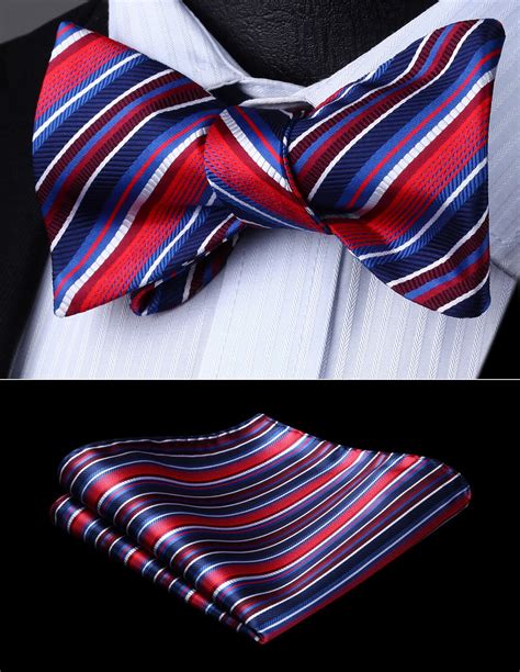 Men Woven Party Wedding Red Blue White Striped Self Bow Tie Pocket Square Setbs610rs Bow Tie