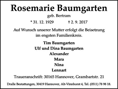 Traueranzeigen Von Rosemarie Baumgarten Trauer Anzeigen De