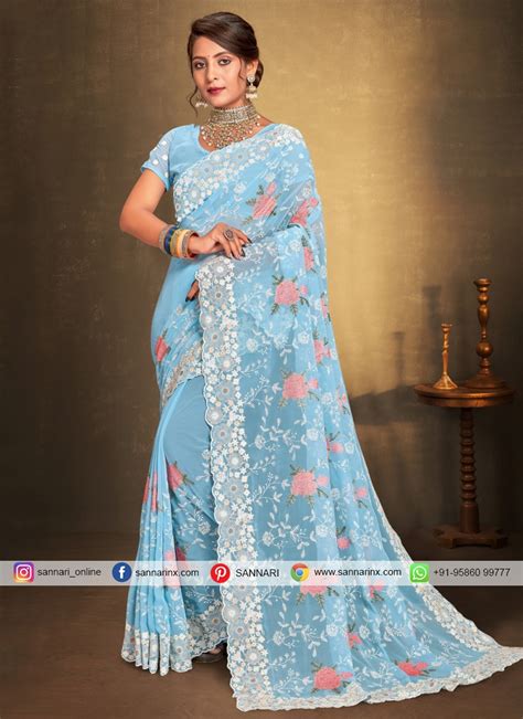 Georgette Aqua Blue Embroidered Designer Saree