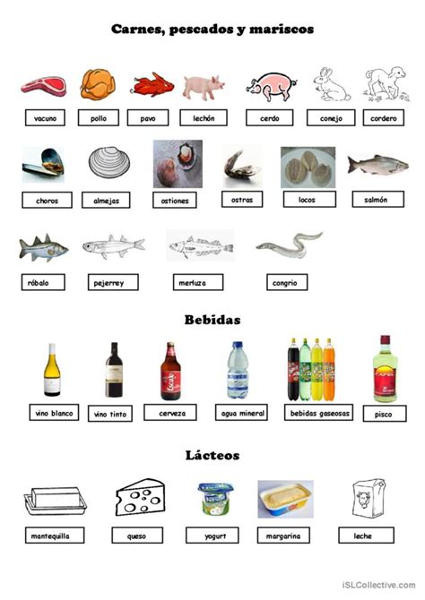 Carnes pescados y mariscos Español ELE hojas de trabajo pdf doc