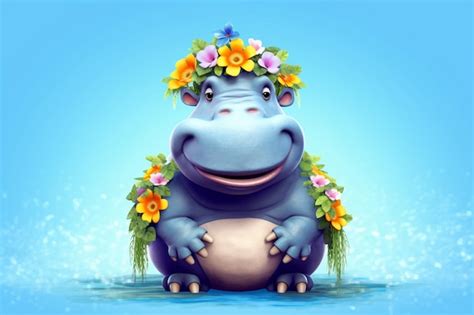 Premium Photo A Cartoon Hippo With A Wreath Of Flowers On His Head