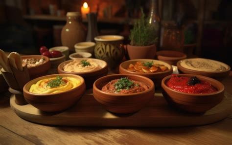 Premium Photo A Table Of Bowls Of Hummus And Other Dishes Traditional