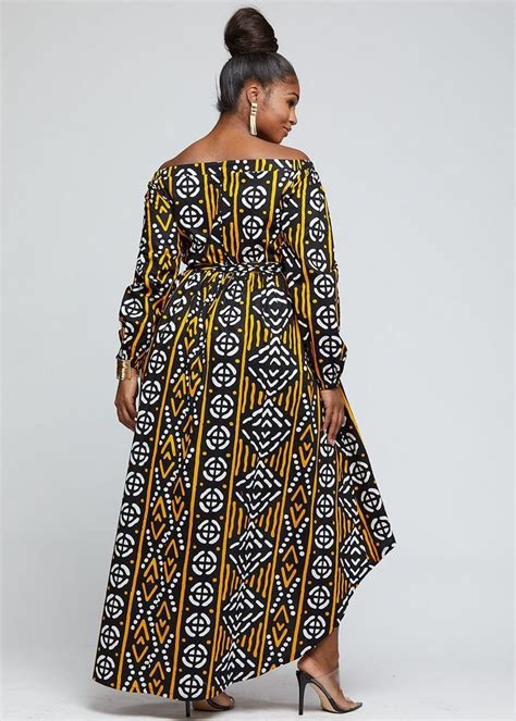 Afua African Print High Low Off Shoulder Maxi Dress Black Gold Mudclo