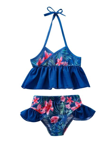 Wholesale Kid Girl Floral Print Fish Scale Bikini Set