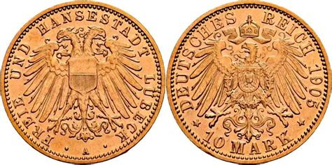 Lübeck Kaiserreich 10 Mark 1905 A Stadtwappen großer Adler BU MA