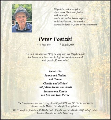 Alle Traueranzeigen F R Peter Foetzki Trauer Rp Online De