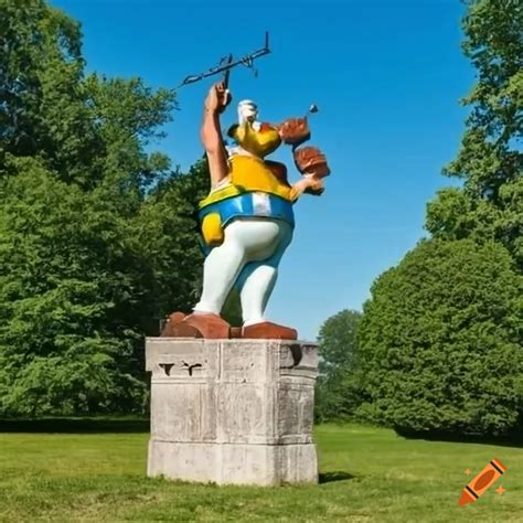 Statue Of Obelix With A Vintage Rifle In A Sprawling Landscape On Craiyon