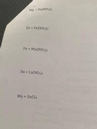 Answered: Mg + Zn(NO3)2 Zn + Fe(NO3)2 Fe + Mn(NO3)2 Sn + Ca(NO3)2 Mn ...