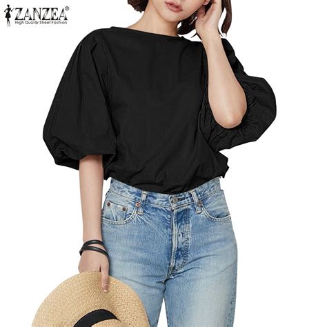 Zanzea Women Korean Style Summer Puff Sleeve Solid Color Cotton Blouse