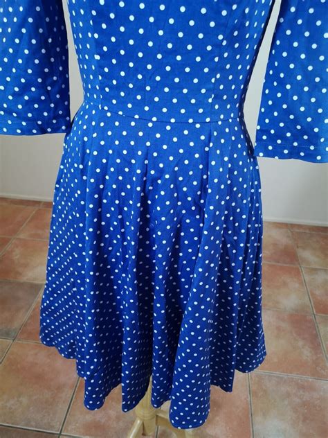 Retro Fit Flare Dress Heart Roses Polka Dot Blue S Gem