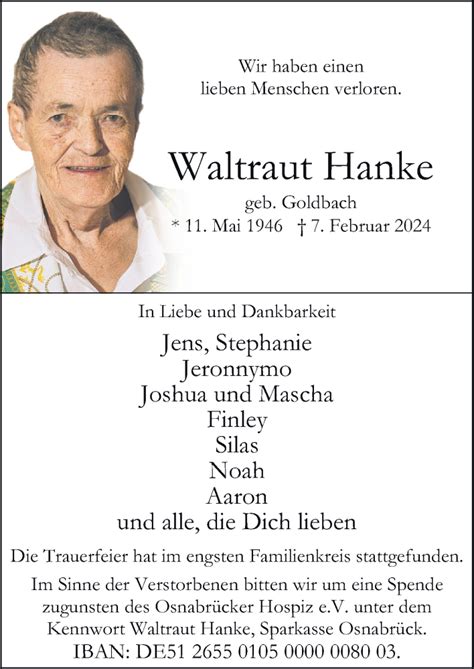 Traueranzeigen Von Waltraut Hanke Noz Trauerportal