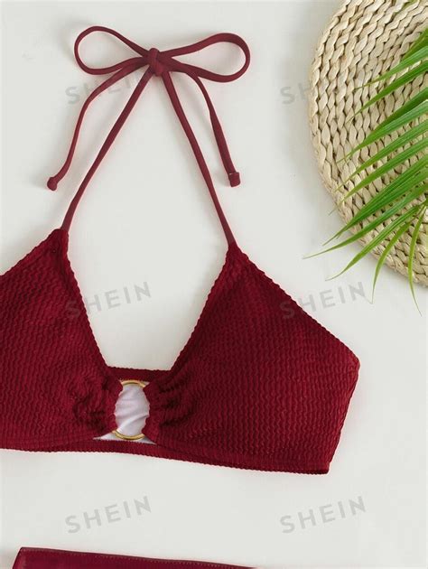 Shein Swim Summer Beach Textured Bikini Set Ring Linked Triangle Bra