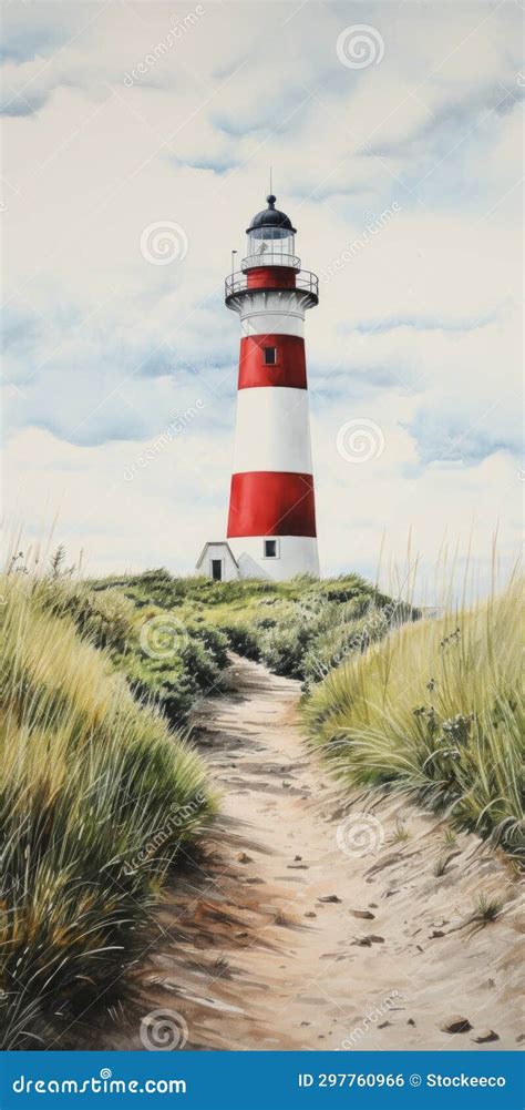 Realistic Lighthouse Painting With Beach Path In Aquarellist Style