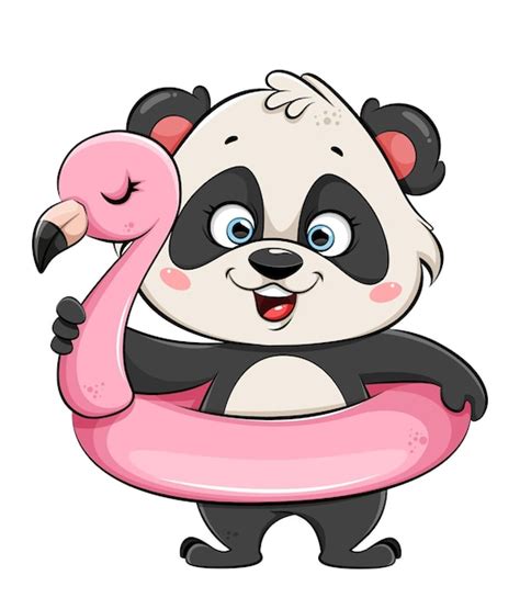 Schattige Panda Met Zwembad Opblaasbare Flamingo Premium Vector