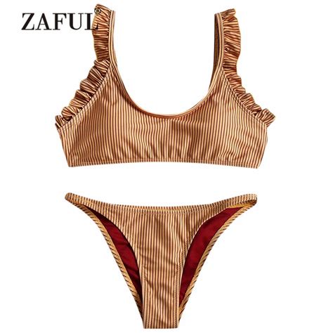 Zaful Bikini Stripe Frilled Trim String Bikini Set Low Waisted Plunge