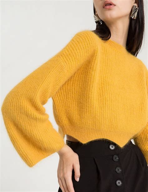 Yellow Mustard Crop Sweater With Scalloped Hem Made By Us70 Angora 30