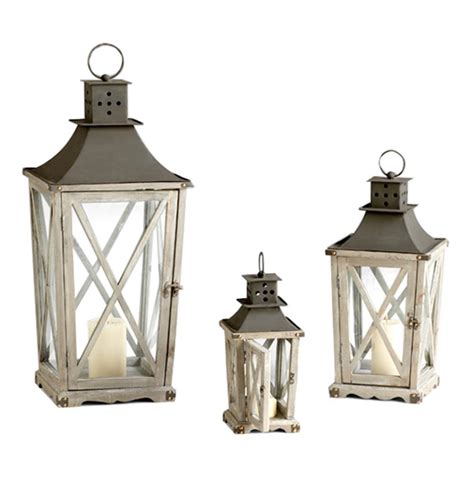 Set of 3 Cornwall Rustic Weathered Wood Metal Candle Lanterns