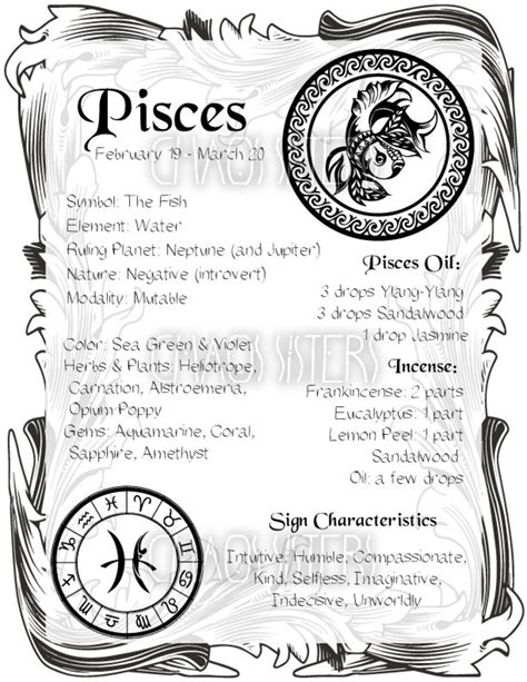 Pisces Zodiac Sign Book Of Shadow Printable Pdf Page Wicca Etsy