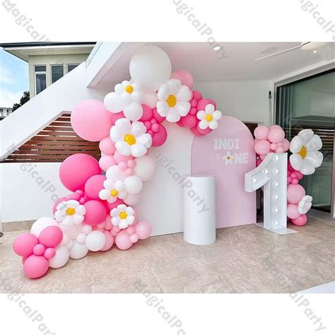 Pcs Daisy Flower Balloons Garland Set Two Groovy Pink Lemon White