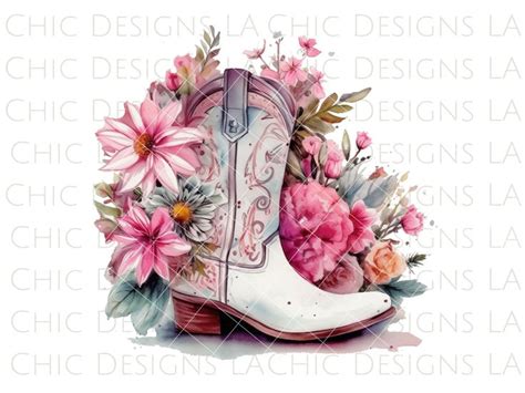 White Pink Watercolor Coastal Cowgirl Boot With Flowers Png Clipart