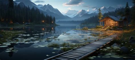 Serene Lakeside Oasis At Dusk Wooden Dock Twinkling Stars And Full