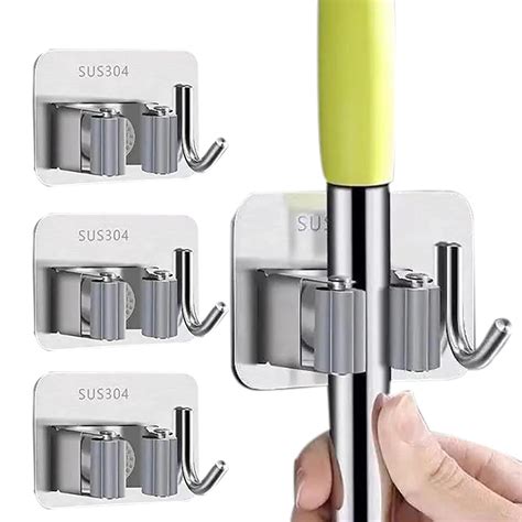 4 Pack Stainless Steel Broom Mop Holder Broom Gripper Holds Self