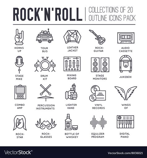 Rock N Roll Circle Outline Icons Collection Set Vector Image