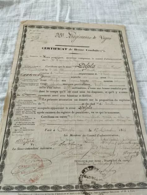 CERTIFICAT DE BONNE Conduite d un soldat du 38 régiment de ligne 1844