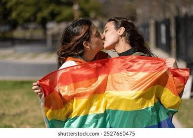 Lesbian Couple Kissing Park Holding Lgbt Stock Photo Shutterstock
