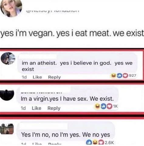 Yes I M Vegan Yes I Eat Meat We Exist Im An Atheist Yes I Believe In God Yes We Im A Virgin