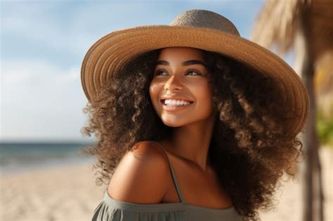 A Woman With Curly Hair Is Smiling And Wearing A Straw Hat On A Beach